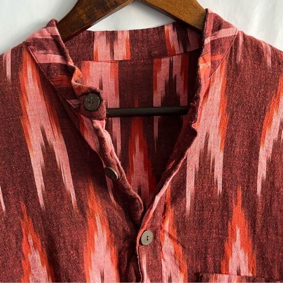 Women's Red Boho Printed Long Sleeve Button Front Top - Picture 3 of 8
